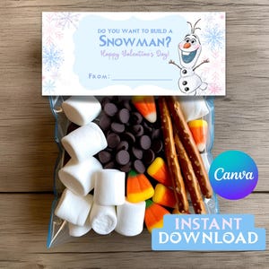 Frost Vill du bygga en snögubbe? Godispåseetikett, Anpassad Alla hjärtans dag-Olaf, Plastpåsdekorationer Utskrivbara Godisar, Alla hjärtans dag-godis bild 4