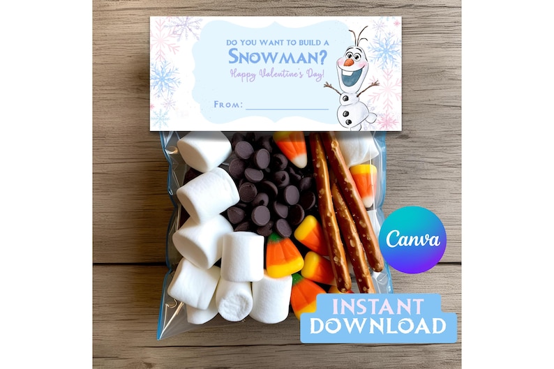 Frost Vill du bygga en snögubbe? Godispåseetikett, Anpassad Alla hjärtans dag-Olaf, Plastpåsdekorationer Utskrivbara Godisar, Alla hjärtans dag-godis bild 4