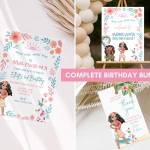 May include: A birthday party stationery set featuring a Moana-themed invitation, a welcome sign, and a thank you tag. The designs include illustrations of a girl, a pig, and a rooster, surrounded by floral and tropical motifs in pink and blue.