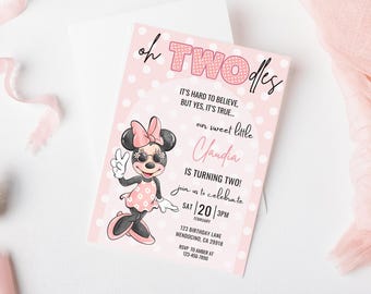 Invitación de cumpleaños de Oh Twodles, fiesta de Minnie Mouse, invitación de Oh Twodles, descarga instantánea digital de decoración de segundo cumpleaños de Minnie Girl en rosa