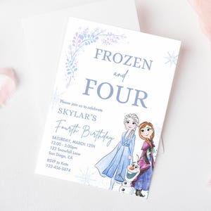 Four the First time in Forever Frozen Birthday invitation, Princess Elsa Anna Olaf party invite, Watercolor Snowflakes 4th Frozen and Four