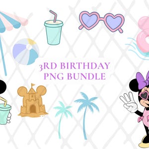 Peut inclure: Un ensemble PNG numérique sur le thème de la plage. Comprend des personnages de Minnie Mouse, des lunettes de soleil, un ballon de plage, une boisson, un château de sable, un parasol, des palmiers et une bouée. Le texte indique "3RD BIRTHAY PNG BUNDLE."