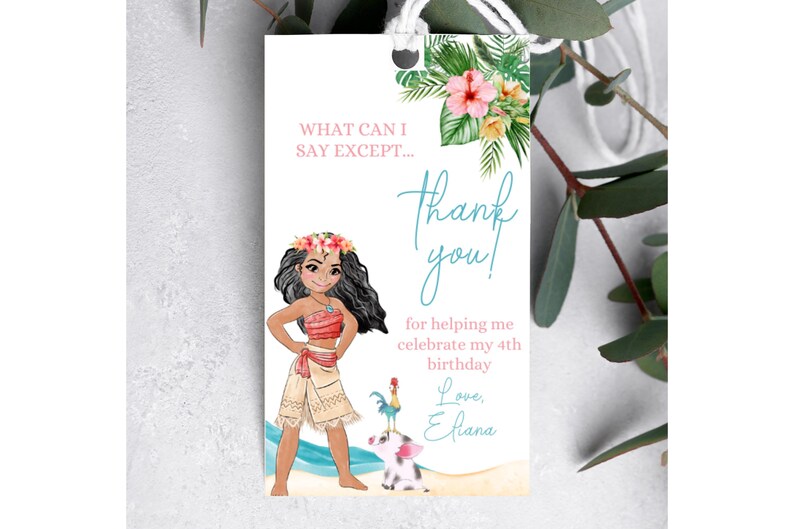 Moana Birthday thank you tags, Moana luau party, 1st 2nd 3rd 4th 5th birthday pua hei hei ocean decor party favor, gift bag boxes thanks image 1