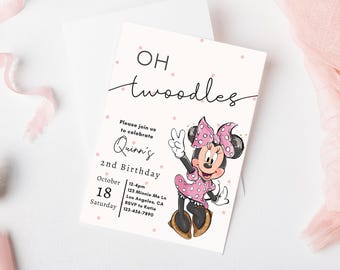 Invitación de cumpleaños de Oh Twodles, fiesta de Minnie Mouse, invitación de Oh Twodles, descarga instantánea digital de decoración de segundo cumpleaños de Minnie Girl en rosa
