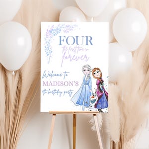 Placa de boas-vindas de aniversário congelado, decoração de festa da princesa Elsa Anna Olaf, pôster digital para download do quarto aniversário, a primeira vez para sempre. Quarto aniversário