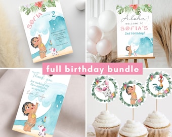 Baby Moana Birthday invitation bundle, Moana first birthday party pack, luau moana Invite, 1st 2nd birthday hei hei ocean pua decor welcome