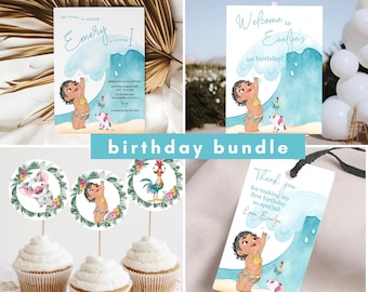 Baby Moana Birthday invitation bundle, Moana first birthday party pack, luau moana Invite, 1st 2nd birthday hei hei ocean pua decor welcome