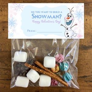 Frost Vill du bygga en snögubbe? Godispåseetikett, Anpassad Alla hjärtans dag-Olaf, Plastpåsdekorationer Utskrivbara Godisar, Alla hjärtans dag-godis bild 3
