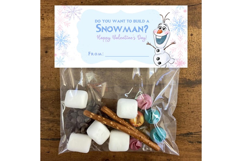 Frost Vill du bygga en snögubbe? Godispåseetikett, Anpassad Alla hjärtans dag-Olaf, Plastpåsdekorationer Utskrivbara Godisar, Alla hjärtans dag-godis bild 3