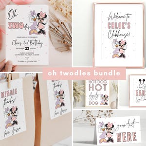 Invito di compleanno Oh Twodles, festa di Minnie, invito Oh Twoodles, modello digitale istantaneo per il secondo compleanno di Minnie Girl Pink Daisy groovy