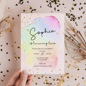 Rainbow Birthday Invitation Colorful Watercolor Gold Glitter Sprinkles Sparkle Pastel Invitation 1st 2nd 3rd 4th Printable Editable Invite