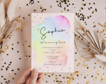 Rainbow Birthday Invitation Colorful Watercolor Gold Glitter Sprinkles Sparkle Pastel Invitation 1st 2nd 3rd 4th Printable Editable Invite