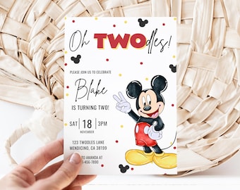 Oh Twodles Birthday invitation, Mickey mouse party, 2nd birthday Invite, Second birthday two years Twoodles red yellow vintage primary color