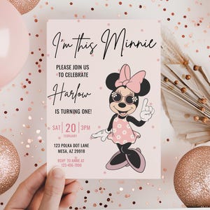 Minnie 1st Birthday invitation, Minnie mouse party, First Bday Invite, Girl birthday digital instant download pink dots groovy balloon one