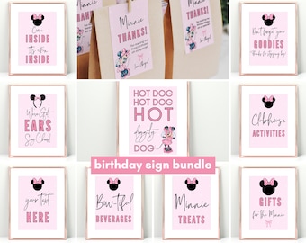 May include: A collection of framed pink and white signs with Minnie Mouse-themed text and graphics. The signs include phrases like "Come Inside," "Hot Dog," and "Gifts for the Minnie." The words "birthday sign bundle" are also visible.