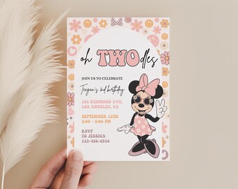 Oh Twodles Birthday Invitation, Minnie Mouse 2nd Birthday Invite, Pink Daisy Party Invitation Groovy Minnie Girl Digital Template, Twoodles