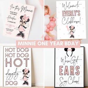 Minnie 1st Birthday invitation, Minnie mouse party, First Bday Invite, Girl birthday digital instant download pink dots groovy balloon one