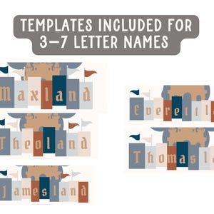 Puede incluir: Gr&aacute;fico que presenta plantillas de nombres con tem&aacute;tica de castillo para nombres de 3 a 7 letras. Las plantillas incluyen nombres como Maxland, Theoland, Jamesland, Everettland y Thomasland, con un dise&ntilde;o de castillo y banderas.