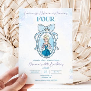 Frozen Birthday invitation, Princess Elsa Anna Olaf party invite, Watercolor Snowflakes 2nd 3rd 4th 5th template, first time bow coquette
