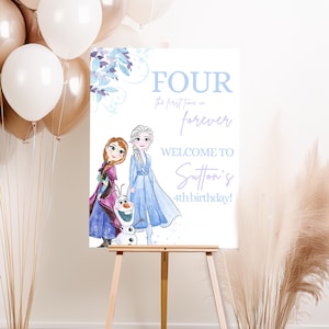 Placa de boas-vindas de aniversário congelado, decoração de festa da princesa Elsa Anna Olaf, 4º pôster quatro a primeira vez para sempre quarta decorações modernas