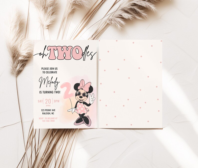 Invito di compleanno Oh Twodles, festa di Minnie, invito Oh Twoodles, modello digitale istantaneo per il 2° compleanno di Minnie Girl Palloncino rosa immagine 2