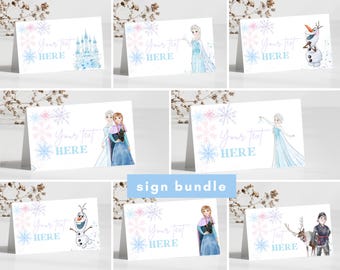 Letreros de cumpleaños con carpa de comida congelada, fiesta de la princesa Elsa, Anna, Olaf, decoración de Frozen, etiquetas de letreros de comida con copos de nieve del castillo 2.º, 3.º, 4.º y 5.º