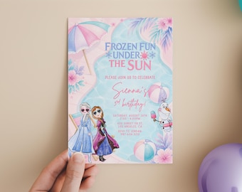 Frozen Fun Under the Sun Summer Party Birthday invitation, Pool party Princess Elsa Anna Olaf Invite  3rd 4th 5th template instant download