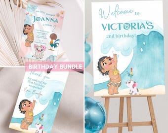 Einladungspaket zum Baby-Moana-Geburtstag, Moana-Party-Set für den ersten Geburtstag, Luau-Moana-Einladung, Deko für den 1. und 2. Geburtstag mit Meeresmotiven und Willkommensgruß