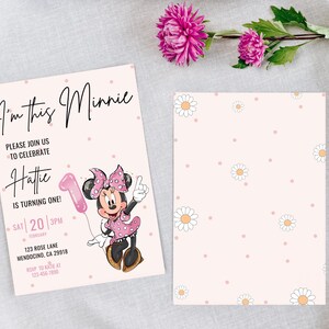 Invitación de primer cumpleaños de Minnie, fiesta de Minnie Mouse, invitación de primer cumpleaños, cumpleaños de niña, descarga instantánea digital, globo de puntos rosas, un año imagen 4