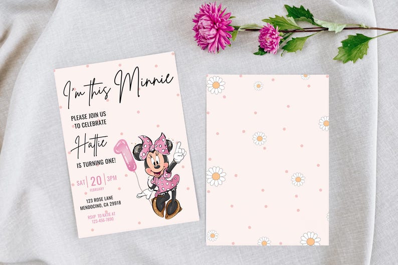 Invitación de primer cumpleaños de Minnie, fiesta de Minnie Mouse, invitación de primer cumpleaños, cumpleaños de niña, descarga instantánea digital, globo de puntos rosas, un año imagen 4
