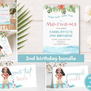 May include: A 2nd birthday party stationery bundle featuring a Moana-themed invitation, thank you tag, and food labels. The designs include watercolor tropical flowers, ocean waves, and a character illustration with blue and pink text accents.
