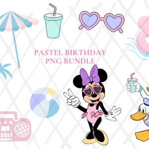 May include: Pastel-colored PNG bundle featuring Minnie Mouse and Daisy Duck in sunglasses, a beach ball, a boombox, a drink, a beach umbrella, and a Mickey Mouse-shaped floatie. The text "Pastel Birthday PNG Bundle" is also included.