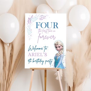 Placa de boas-vindas de aniversário congelado, festa da princesa Elsa, decoração congelada, decorações 4º pôster digital para download Quatro pela primeira vez em azul para sempre