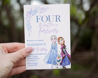 Cuatro de las primeras invitaciones de cumpleaños de Frozen para siempre, fiesta de la princesa Elsa, Anna, Olaf, invitación de Frozen, plantilla de copos de nieve de acuarela 4.ª