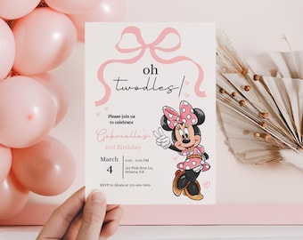 Oh Twodles Birthday invitation, Minnie mouse party, Oh Twoodles Invite, Minnie Girl 2nd birthday digital instant template Pink Bow Invite
