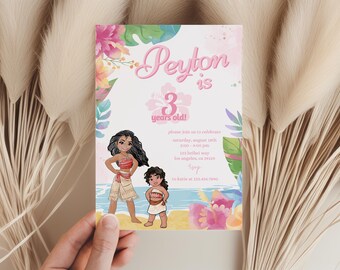 Moana and Simea Birthday invitation, Sisters first party, luau Invite, 1st 2nd 3rd 4th hei hei make way ocean calling pua wave watercolor