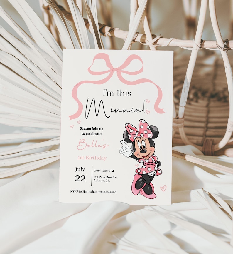 Minnie 1st Birthday invitation, Minnie mouse party, First Bday Invite, Girl birthday digital instant download One Pink Bow, Girls just wanna image 1