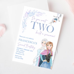 Invito di compleanno Frozen, invito alla festa della principessa Elsa Anna Olaf, vuoi che due costruiscano un pupazzo di neve? 2° InTwo the Unknown digitale moderno blu
