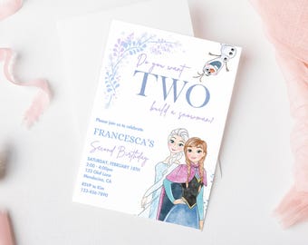 Invitación de cumpleaños de Frozen, invitación para fiesta de la princesa Elsa, Anna y Olaf. ¿Quieres construir un muñeco de nieve? 2.ª edición digital moderna InTwo, el azul desconocido.