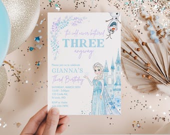 The Cold Never Bothered THREE Anyway Frozen Birthday invitation, Princess Elsa Olaf party invite, Watercolor 3rd minimal modern digital