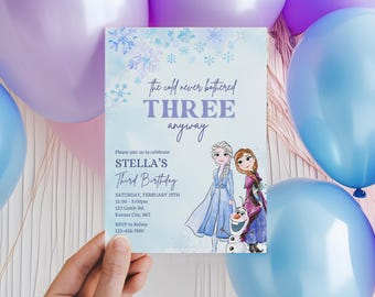 Frozen 3rd Birthday invitation, Princess Elsa Anna Olaf party invite, Girl Watercolor minimal modern Cold Never Bothered Three Anyway 3