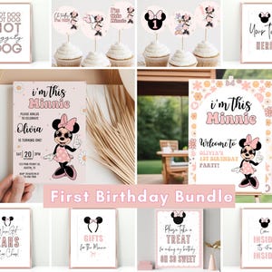 Minnie 1st Birthday invitation Bundle, Minnie mouse party, First Bday Invite, Girl birthday digital instant download pink groovy one daisy