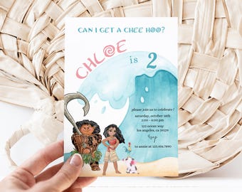 Moana 2 Birthday invitation, Moana II birthday party, luau moana Invite, second 2nd Maui calling pua wave ocean sky sea two chee hoo