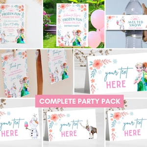 Könnte beinhalten: Ein komplettes Party-Paket mit Frozen-Designs. Enthält Einladungen, Dankeskarten, Wasseretiketten und anpassbare Karten. Die Designs zeigen Elsa, Anna, Olaf und andere Charaktere mit floralen Akzenten und dem Text "Frozen Fun Under the Sun".