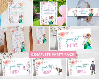 Pacchetto di inviti per feste di compleanno a tema Frozen Summer, inviti per feste in piscina a tema Elsa, Anna e Olaf per il 2°, 3° e 4° anno, etichette di benvenuto, decorazioni e ringraziamenti, etichette per alimenti.