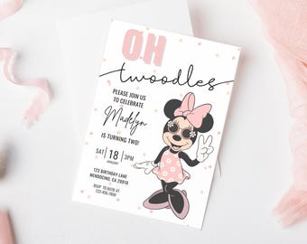 Invitación de cumpleaños de Oh Twodles, fiesta de Minnie Mouse, invitación de Oh Twodles, descarga instantánea digital de decoración de segundo cumpleaños de Minnie Girl en rosa