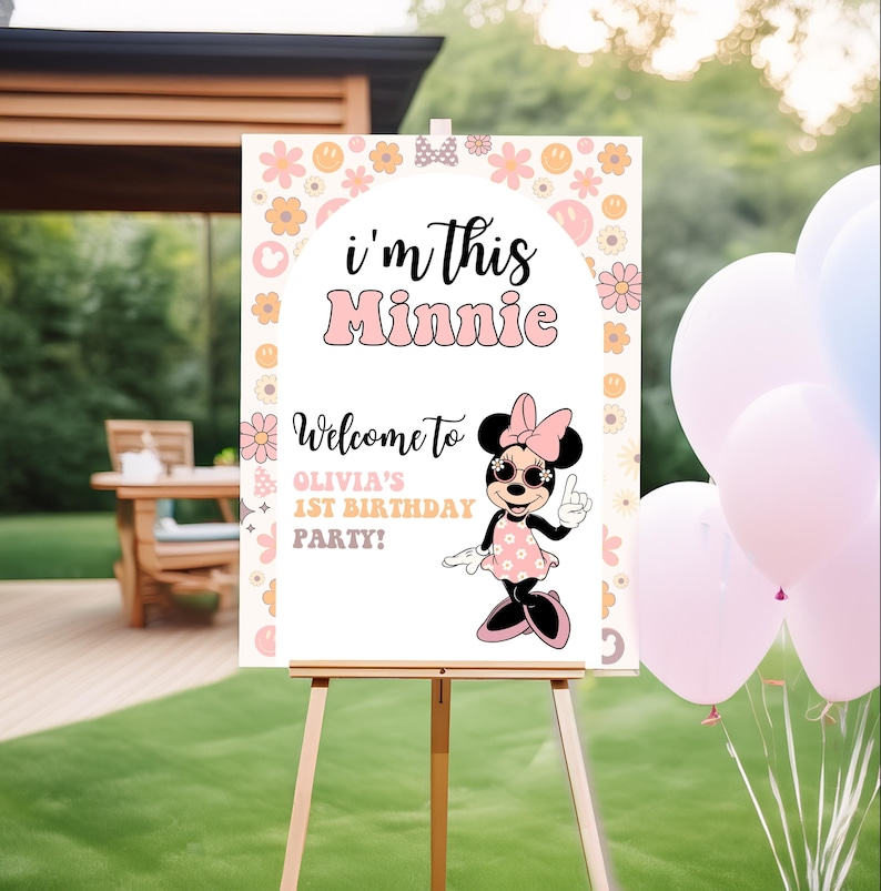 Placa de boas-vindas para o primeiro aniversário da Minnie, festa da Minnie, convite para o primeiro aniversário, download instantâneo digital de balões de bolinhas rosa imagem 1