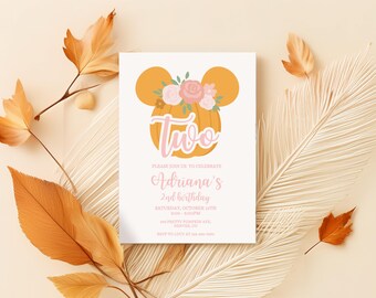 Fall Minnie 2nd Birthday Invite, Pumpkin Halloween Pink 2 Year Old, Girl Second Invitation, Autumn Florals Bow, Minnie fall two years