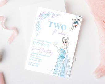 May include: Frozen themed birthday party invitation with a blue and white watercolor illustration of Elsa, a snowflake, and the text "Two the unknown". The invitation includes the text "Penny's Second Birthday" and details for the party.