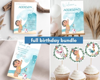 Baby Moana Birthday invitation bundle, Moana first birthday party pack, luau moana Invite, 1st 2nd birthday hei hei ocean pua decor welcome